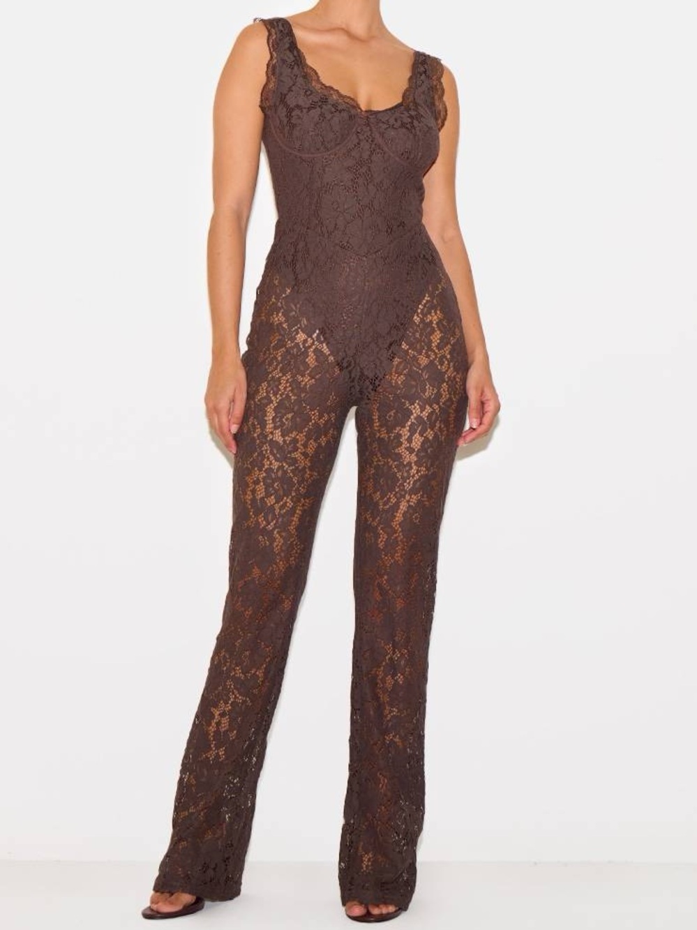 PrettyLittleThing Brown Lace Wide Leg Jumpsuit NWT US 4 Y2K Boho